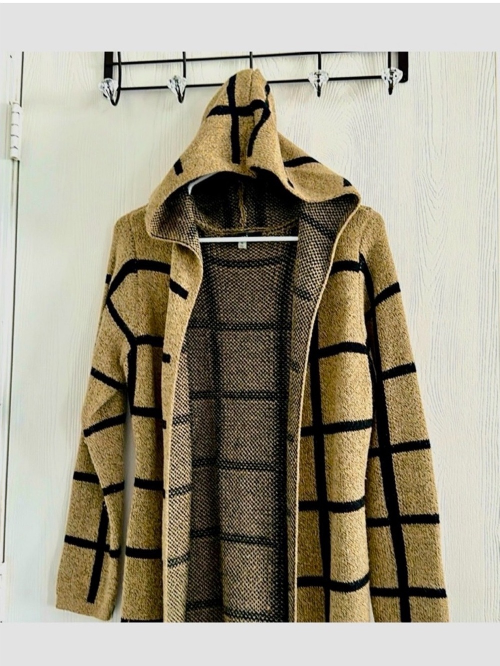 Long Hooded Grid-Pattern Cardigan - Camel/Black Size S - Picture 4 of 7